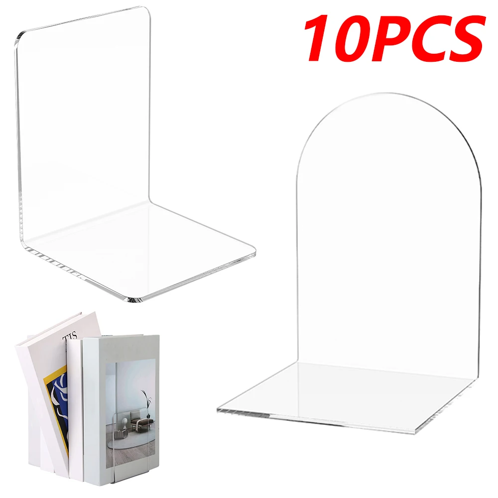 10Pcs Clear Acrylic Bookends L Shape Stand Bookshelf Desktop Organizer Decorative Storage Rack for Bedroom Office Library School
