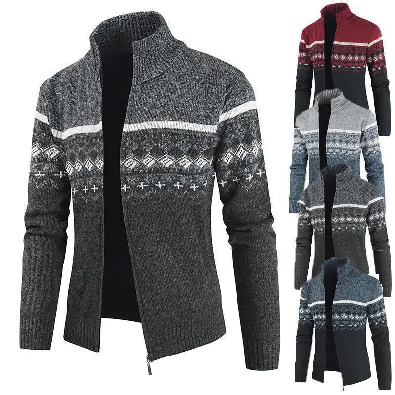 2025 cardigan lavorato a maglia abbinato ai colori con colletto rialzato autunno e inverno da uomo, maglione