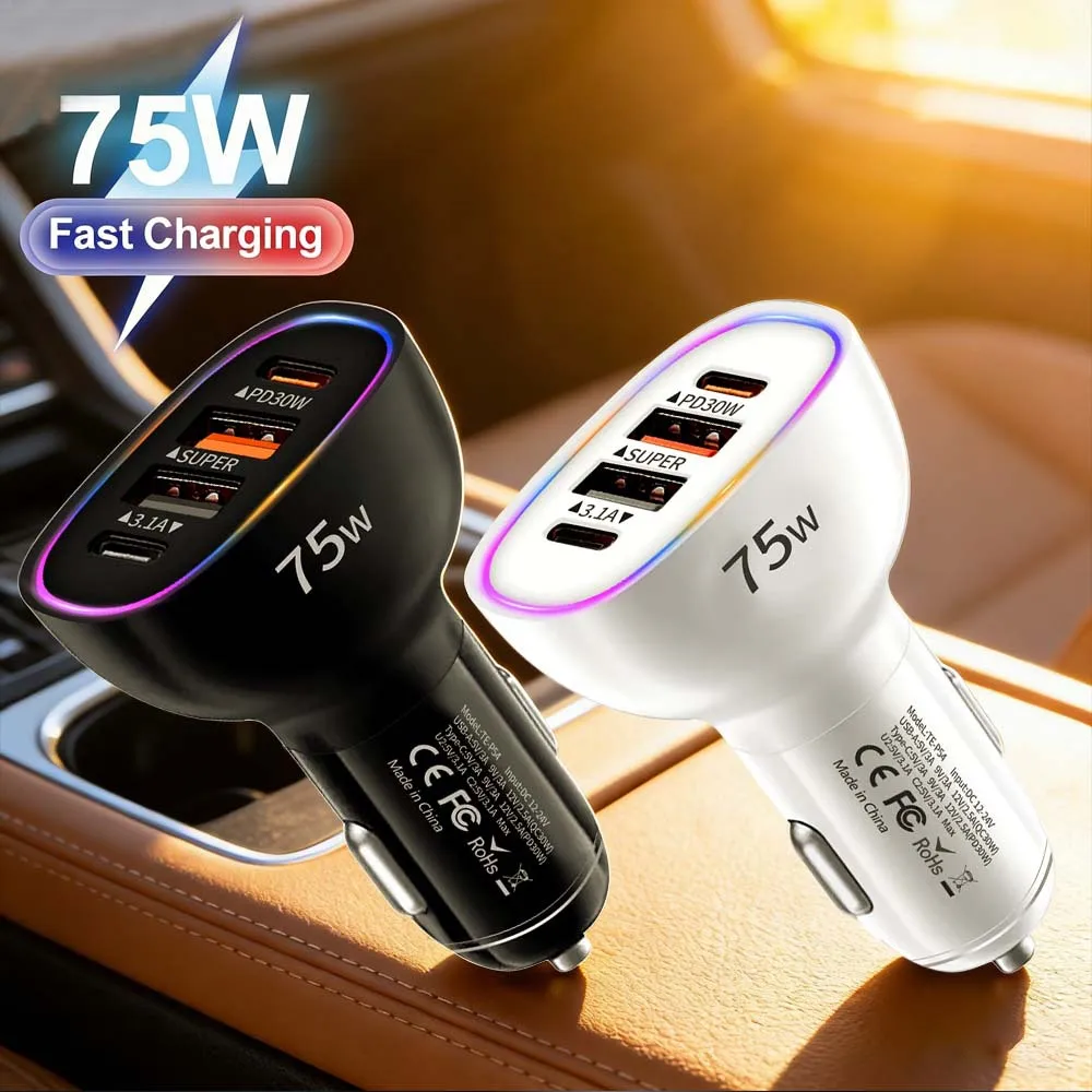 4-Port 75W Car Charger Fast Charging Type C PD 30W Auto Adapter with Ambient LED Light Bilateral Metal Contacts For Tablets