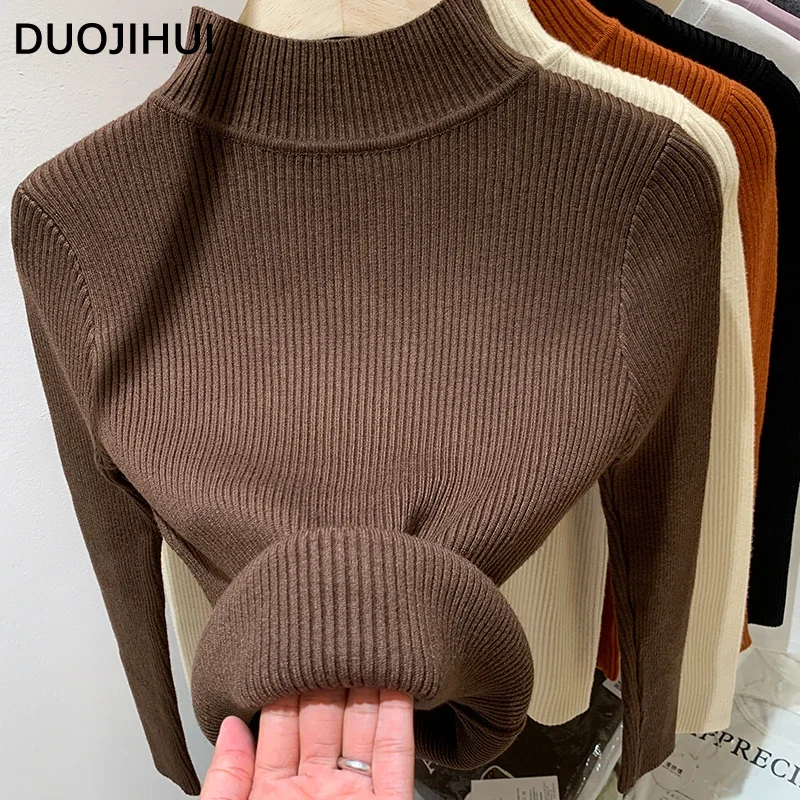 DUOJIHUI Autumn Chic Neck Knitted Sweater Women Pullovers Orange Simple Casual Long Sleeve Fashion Solid Color Female Pullovers