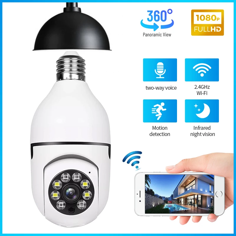 5 Pz E27 WlFl Lampadina Telecamera di Sorveglianza PTZ Visione Notturna a Colori Protezione di Sicurezza Interna Tracciamento Automatico CCTV Baby Monitor Ca