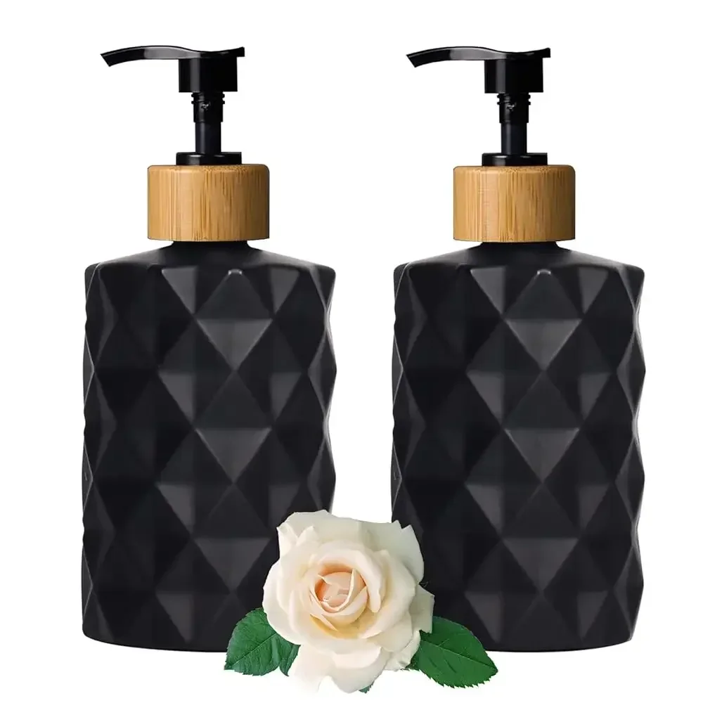 

Black Glass Soap Dispenser Set with Bamboo Pump, 12oz Refillable Liquid Hand Soap, Lotion Dispenser for Modern Home Decor, Ba
