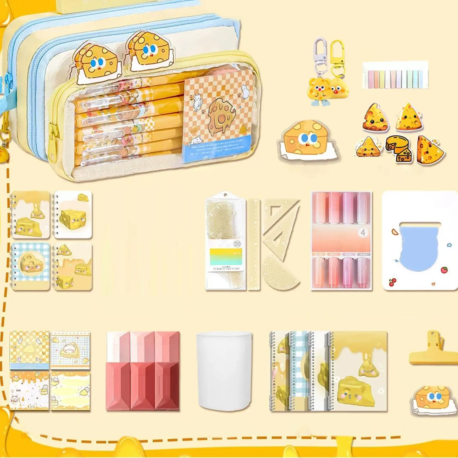 Cute Pencil Case With Supplies Cute Cheese Large Capacity Stationery 30 Pieces Kids School Supplies Set For Home After-Class