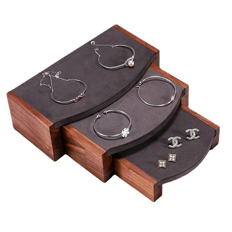 Rectro Dark Brown Walnut Jewelry Display Rack Bracelet Necklace Organizer Prop Earrings Rings Jewelry Storage Tray