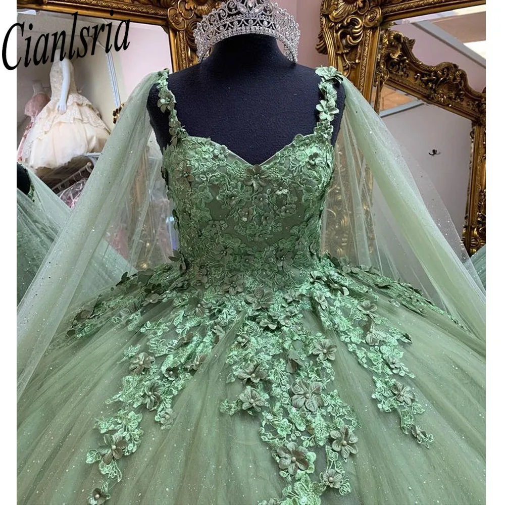 Vestidos De quinceañera verde menta, 15 Vestidos De XV Años hechos a mano con apliques De encaje De mariposa con capa De cristal dulce