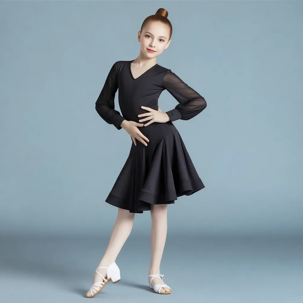 Kids Long Sleeve Latin Dance Dress, Summer Split Practice Suit For Girls, Professional Latin Outfit For Art Test & Competition