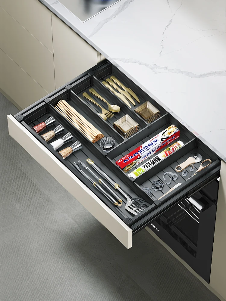 

Ultra-thin drawers above the kitchen dishwasher, pull baskets, single-layer drawers in the cupboard, knives, forks, chopsticks