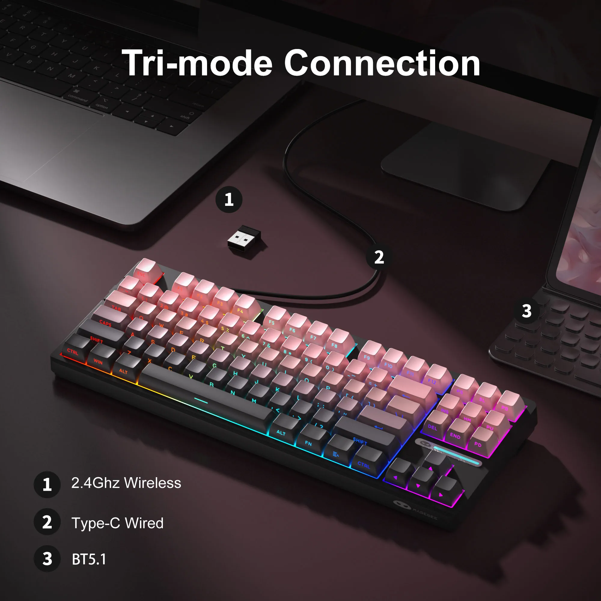 Magegee Light87 8000mA Rechargable RGB tri-mode 2.4G/BT/TypeC Blue Whale Switch real hot-swap creamy Mechanical Gaming Keyboard