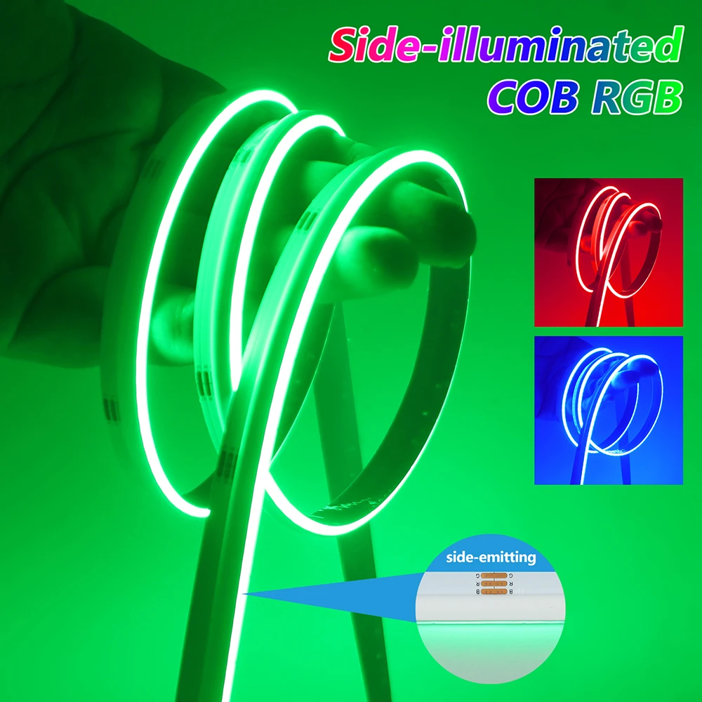 Side Emitting RGB COB LED Strip Light with 4pin Plug 24V High Density 840 LEDs Flexible Adhesive Tape Home Lighting Dimmable