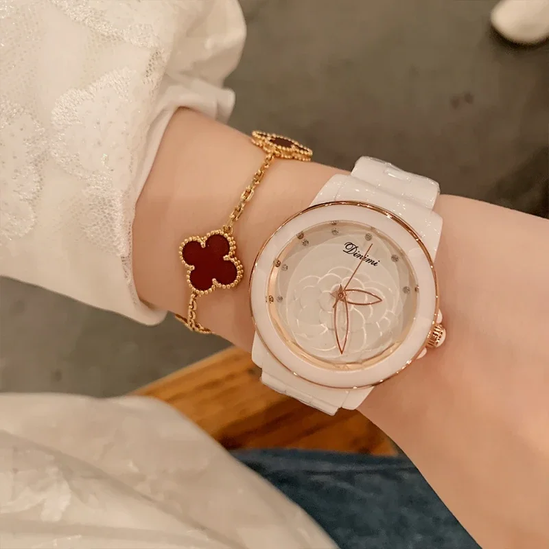 Light luxury women's watch Camellia fashionable and exquisite waterproof quartz women's watch ceramic strap women's watch