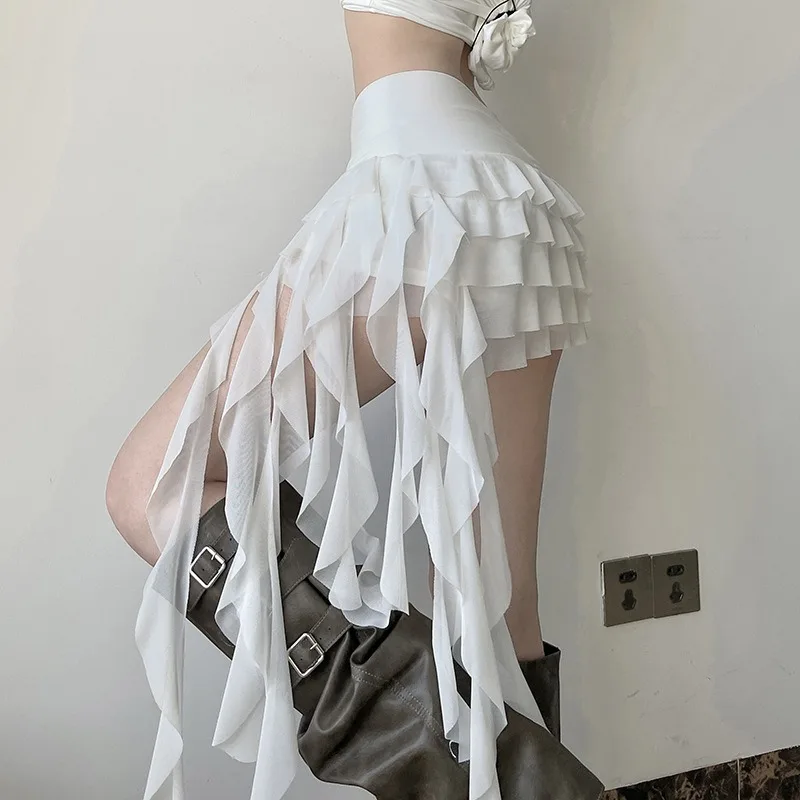 

New vacation style lotus leaf edge mesh elegant half skirt women with low waist versatile straps irregular aesthetic mesh skirt
