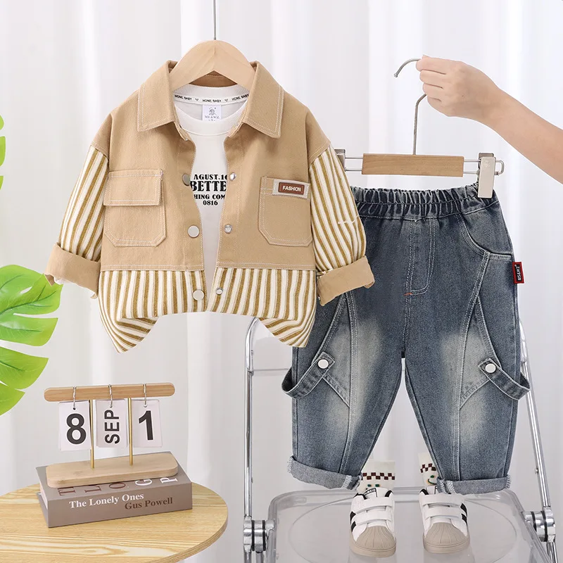 ملابس ربيع وخريف 2025 للأطفال الأولاد 12 18 شهرًا سترات دينم مخططة مرقعة + تي شيرت + سراويل للأولاد ملابس عيد الميلاد الأول #2