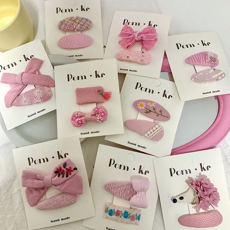 2pc Pink color Lace Embroidered Baby Hair Clips Cotton Floral Prints Bow Hairpins Kid BB Barrette Star Hairpins Girls Headwear