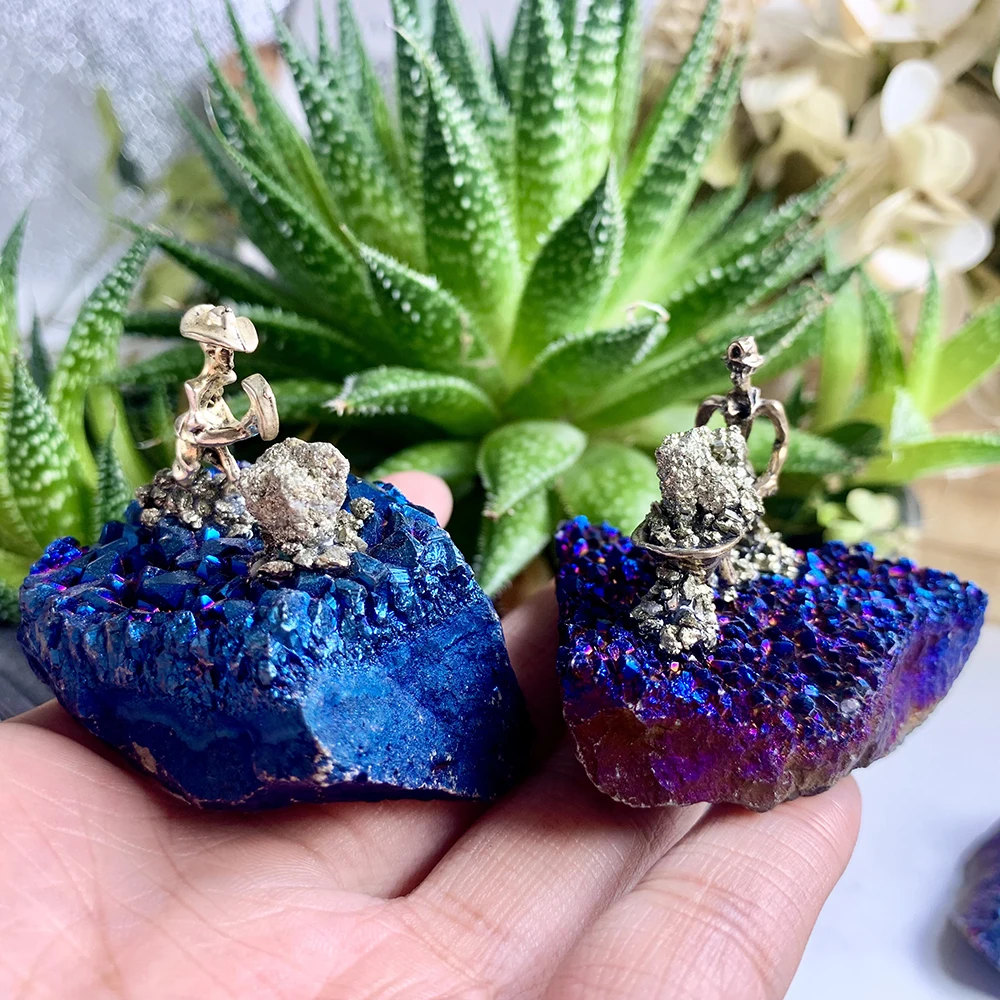 Artificial Pyrite Miner On Rainbow Aura Quartz Cluster Sculpture Titanium Coated Crystal Base Reiki Themed Home Desk Decor Gift
