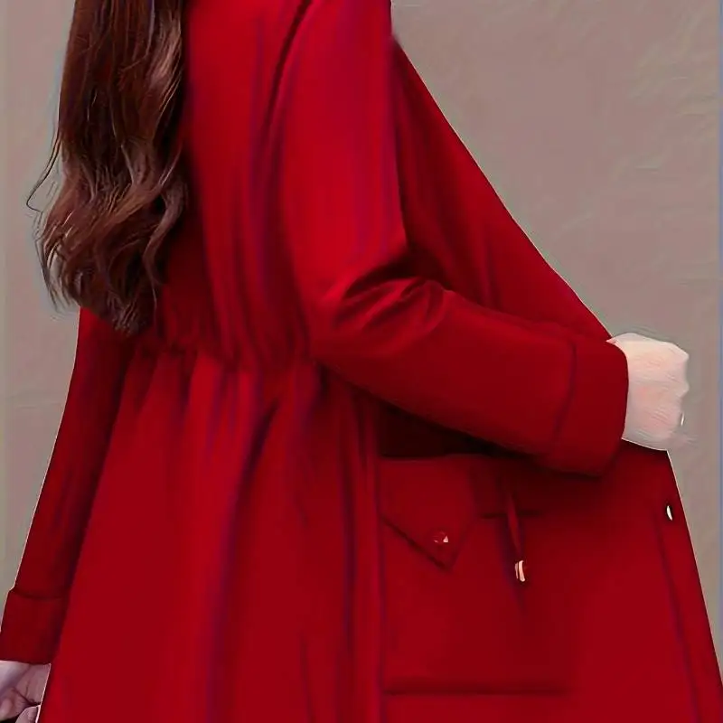 Camisa feminina elegante de manga comprida de cor sólida com cordão na cintura e detalhes de bolso duplo para viagens no escritório