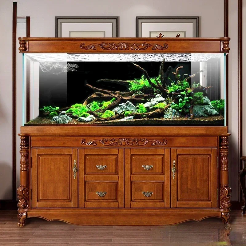 Room Large Screen Bottom Filter Chinese Custom Solid Wood Home Office Ecological Super White Glass Dragon Fish Tank