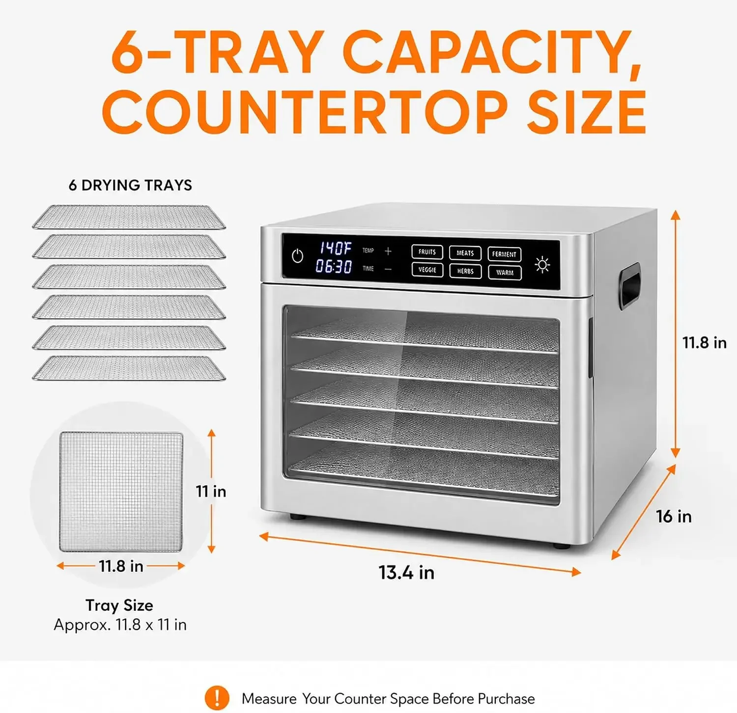 6-Tray Stainless Steel Food Dehydrator | jerky maker fruit dryer herb dehydrator dog treat maker digital food dehydrator