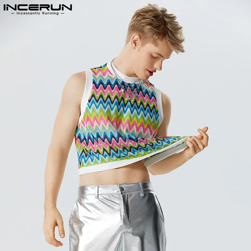 INCERUN Men Tank Tops Printing O-neck Sleeveless Sexy Crop Tops 2023 Vacation Summer Streetwear Casual Fashion Male Vests S-5XL