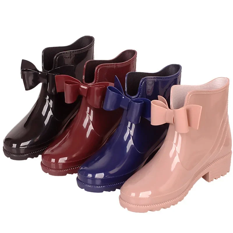 المألوف الكورية منتصف العجل المرأة احذية المطر مقاوم للماء لطيف ربطة الجوارب كعب منخفض مريح المواد البلاستيكية أحذية الكبار #2