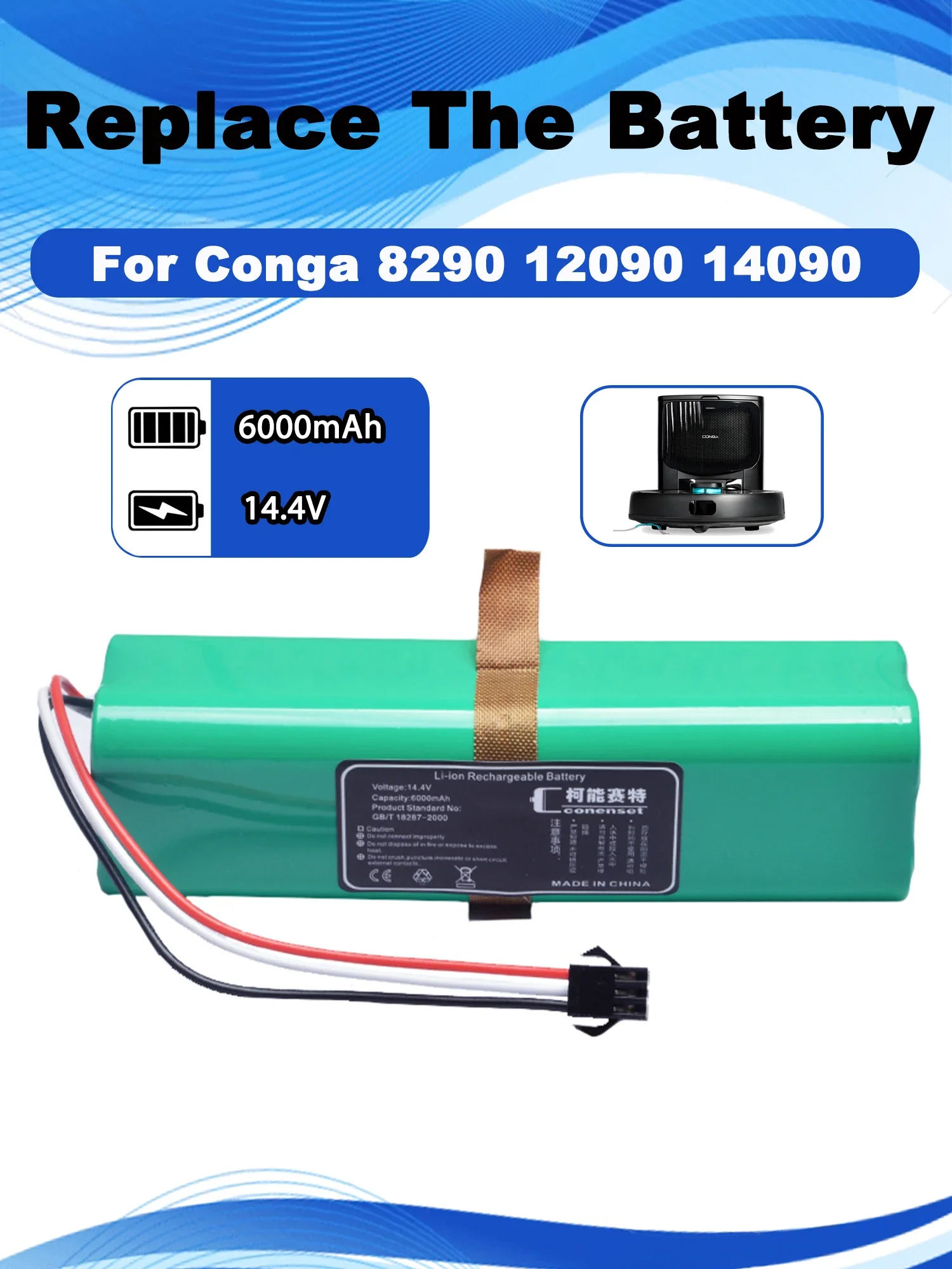 14.4V 6000mAh Replacement Battery For Conga 8290 Immortal Ultra Home 12090 14090 Twice Roller Home&Fil Robot Vacuum Cleaner
