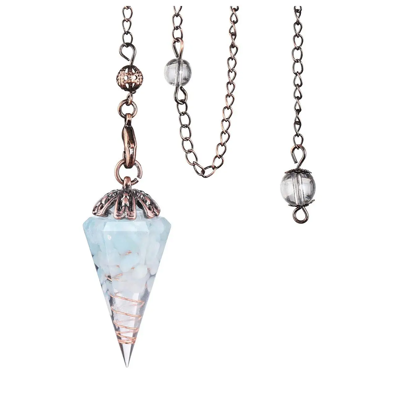 pendulo adivinacion para radiestesia de cuarzo colgante de cristal de aguamarinas de resina, Péndulo de piedra de Chip Natural para adivinación, terapia de espiga, energía Reiki, profesional pendulo  testigo X227