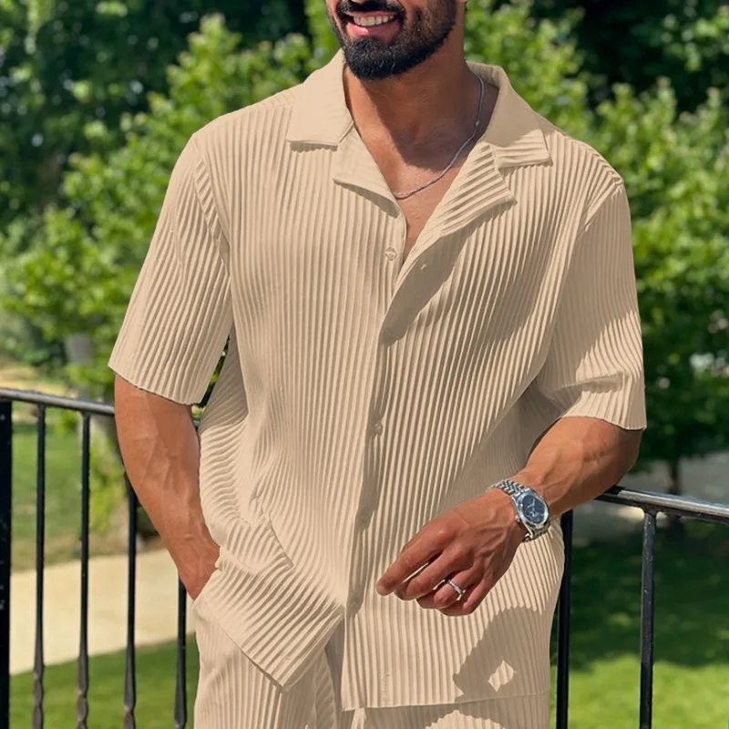 New Men's Commuter Set, Casual Button-Up Short Sleeve Shirt & Long Pants, Trendy Two-Piece Outfit for Men - Image 4