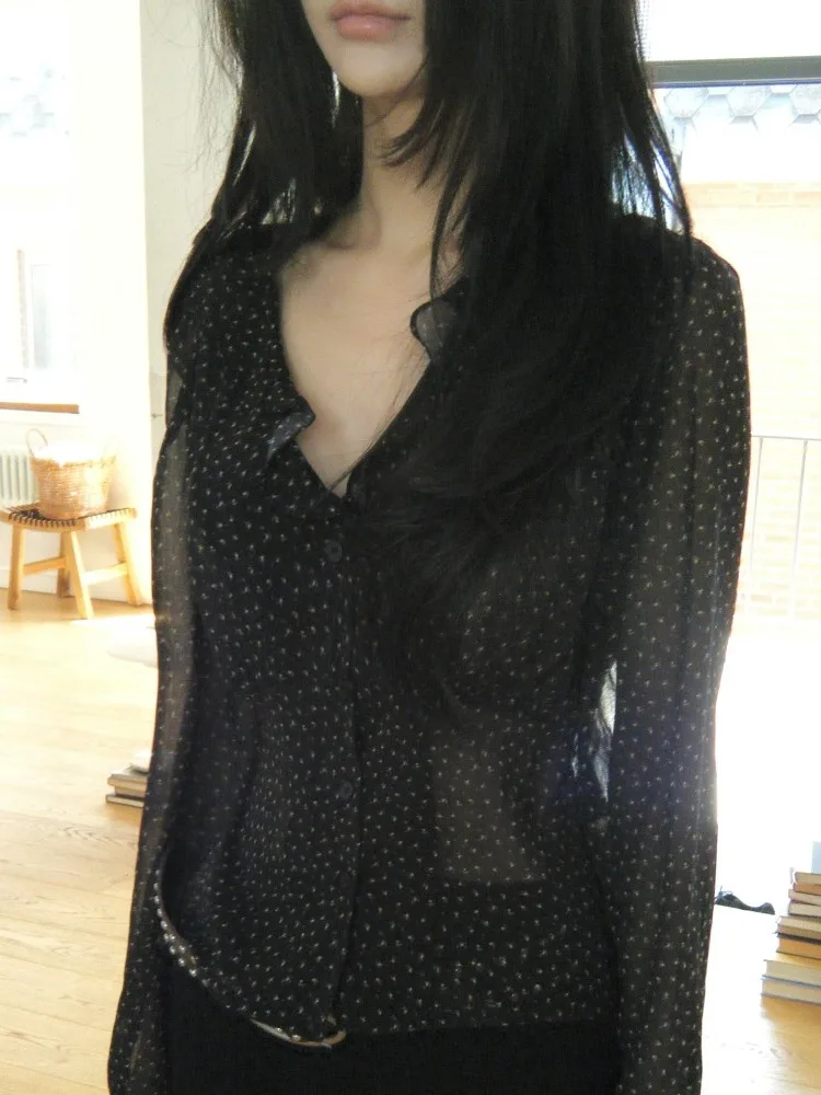 

Женская винтажная кружевная отделка с цветочным принтом V-Ne Long Sve irt, прозрачная шифоновая блузка с цветочным узором и застежкой на пуговицы, облегающая блузка