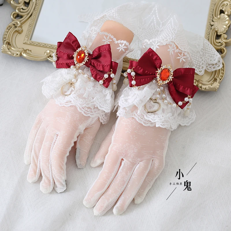 Guantes calados de encaje dulce para niñas, guantes finos de malla para ceremonia para mujeres, guantes sexis Punk Lolita