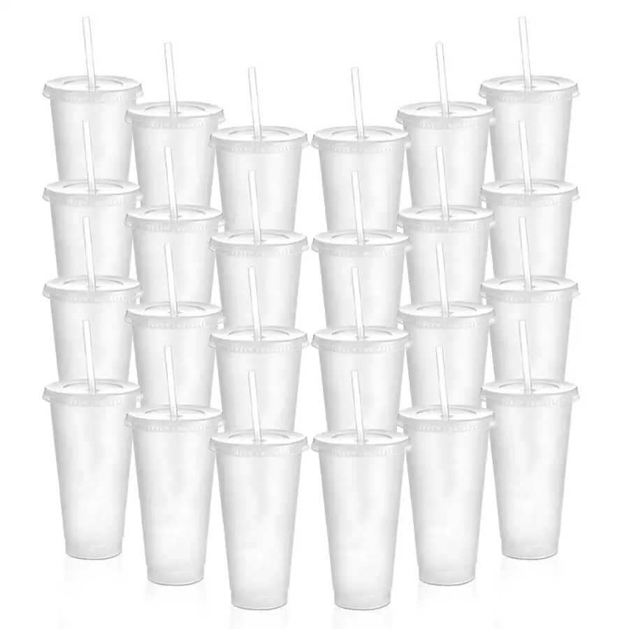 24-Pack Reusable Plastic Sports Cups - Pink, Black, And Clear Pastel Colors - Portable Coffee And Party Cups, Camping Water Bottles, Easy-To-Clean DIY Drink Cups For Weddings, Birthdays, Anniversaries, Picnics, And Easter (24oz)