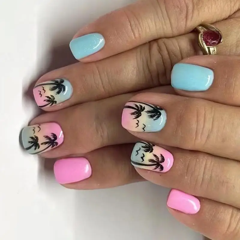 

Q1FB 24x Short Square False Coconut Tree Press On Gradient Acrylic Glossy Full Cover on for Woman