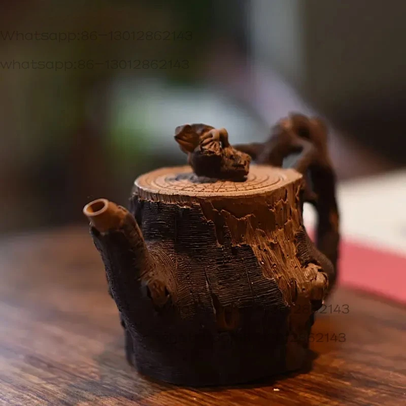 Tree stump teapot - handmade purple clay (Yixing purple clay), tea set with frog lid