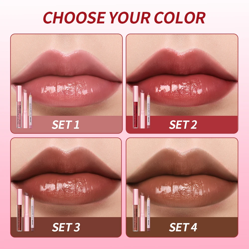 3pcs Lip Makeup Set Lip Liner ลิปกลอสลิปสติก Mirror Effect Beep Lips สูงสี Long Lasting Hydrates Travel Mini ชุด