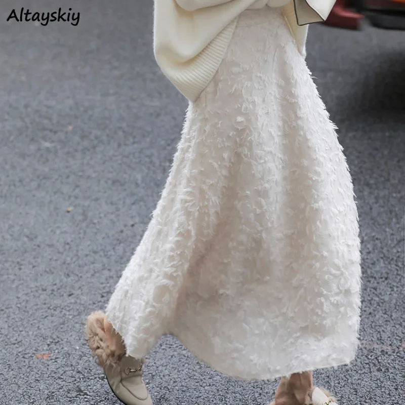 

Elegant Women Long Skirts High Waist A-line Winter Casual Female Slim Streetwear Simple Midi Fur Solid Classic Soft All-match