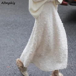 Elegant Women Long Skirts High Waist A-line Winter Casual Female Slim Streetwear Simple Midi Fur Solid Classic Soft All-match