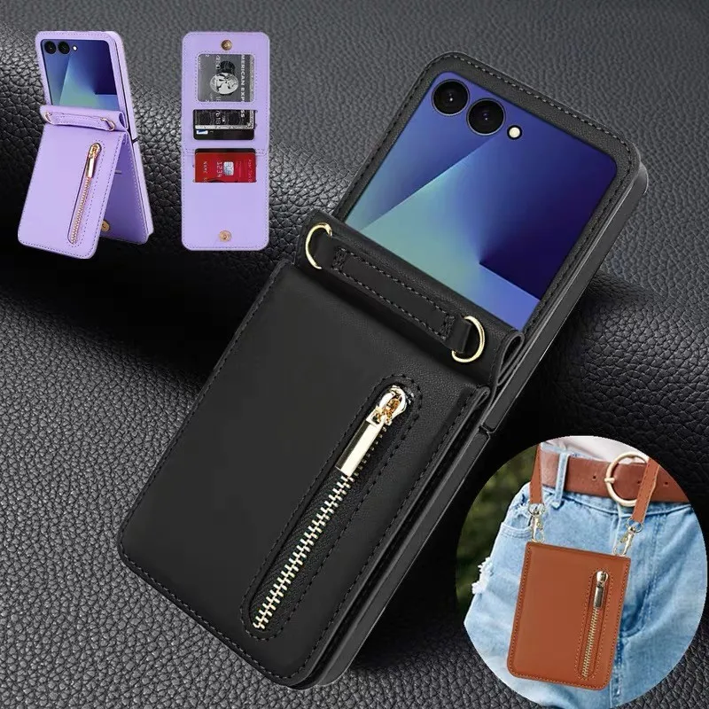 Crossbody Card Slots Zipper Wallet Leather Case For Samsung Galaxy Z Flip 8 Flip 7 6 5 4 3 Shoulder Lanyard Phone Holder Cover