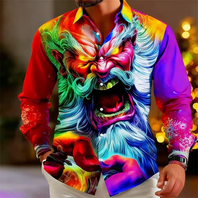 

2025 Men's Happy New Year Santa Claus Casual Men's Button up Shirt Long Sleeve Evening Party Daily Autumn/Winter Spring/Summer C