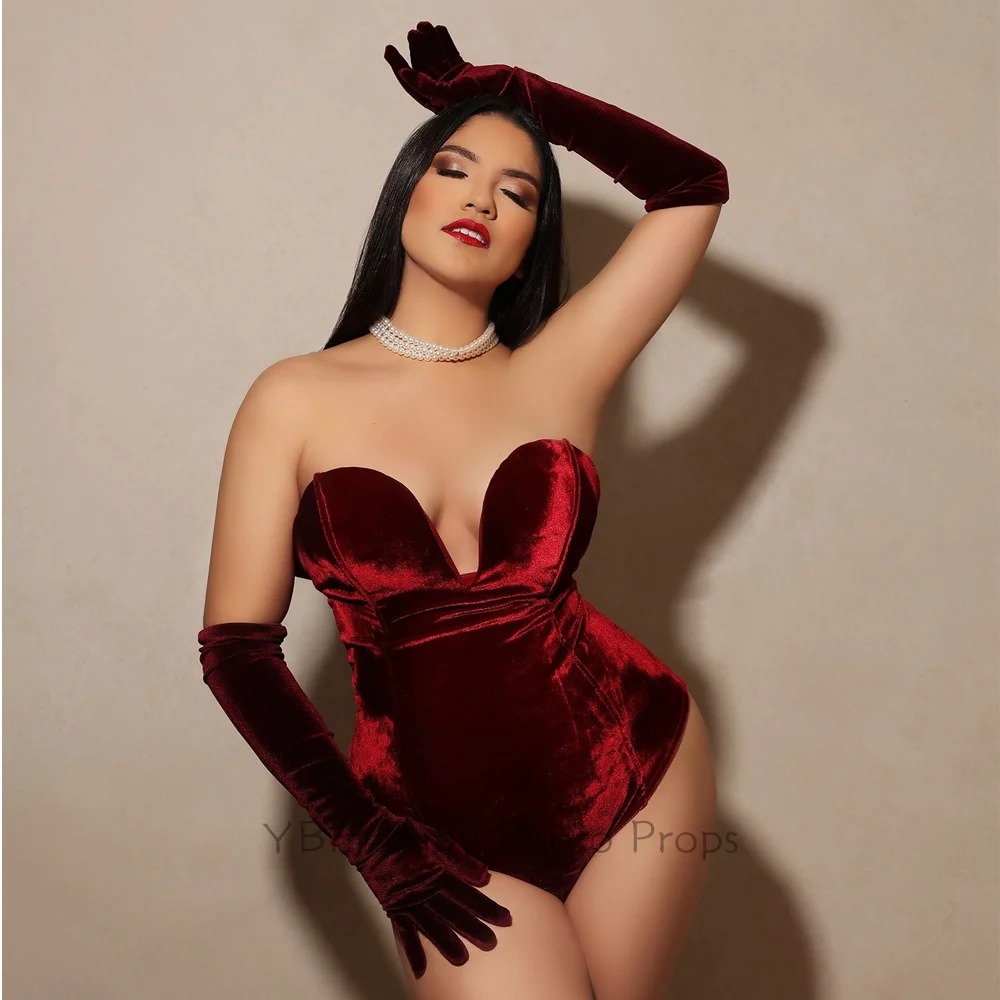 Elastic Velvet Bodysuit Maternity Photography Props Clothing Pregnant Sexy Red Open Back Jumpsuit Photo Shoot For Pregnant Women
