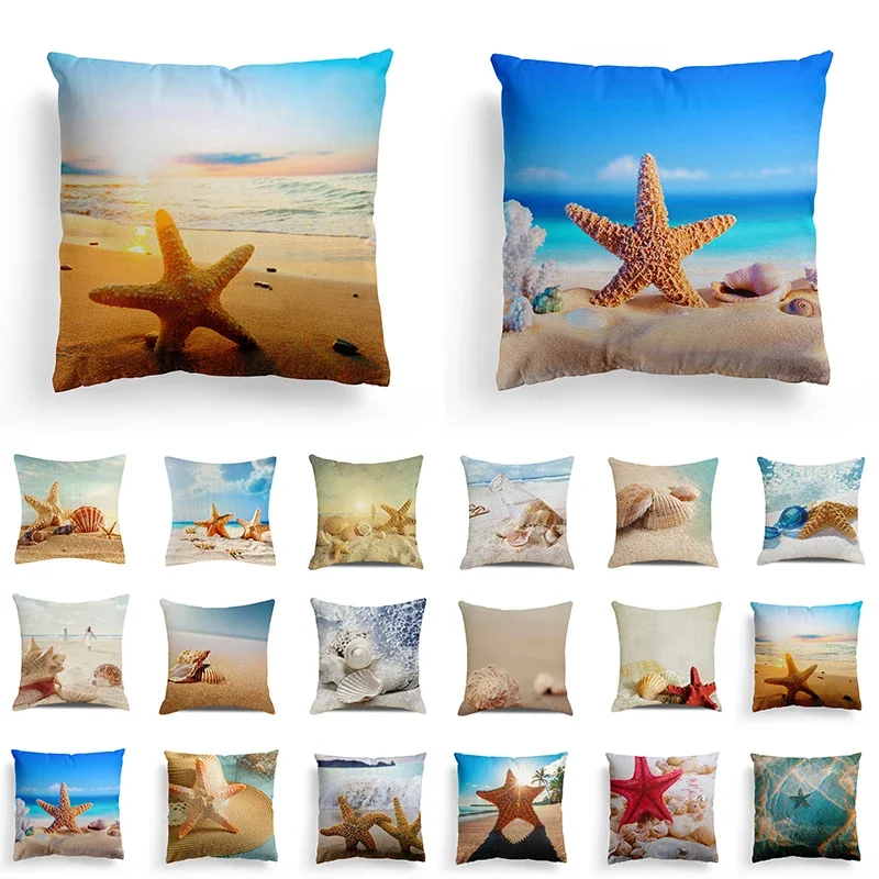 

45x45cm Summer Beach Pillowcase Starfish Shell Cushion Cover Custom Blue Ocean World Landscape Pillowslip Sofa Home Decoration