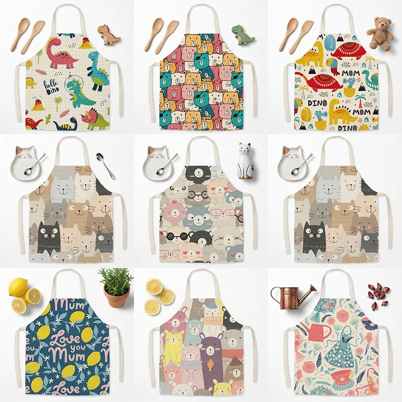 

Cute Dinosaur Cat Bear Print Kitchen Apron for Women Kids Kawaii Cartoon Baking Cooking Pinafore Animal Chef Bib Home Cleaning