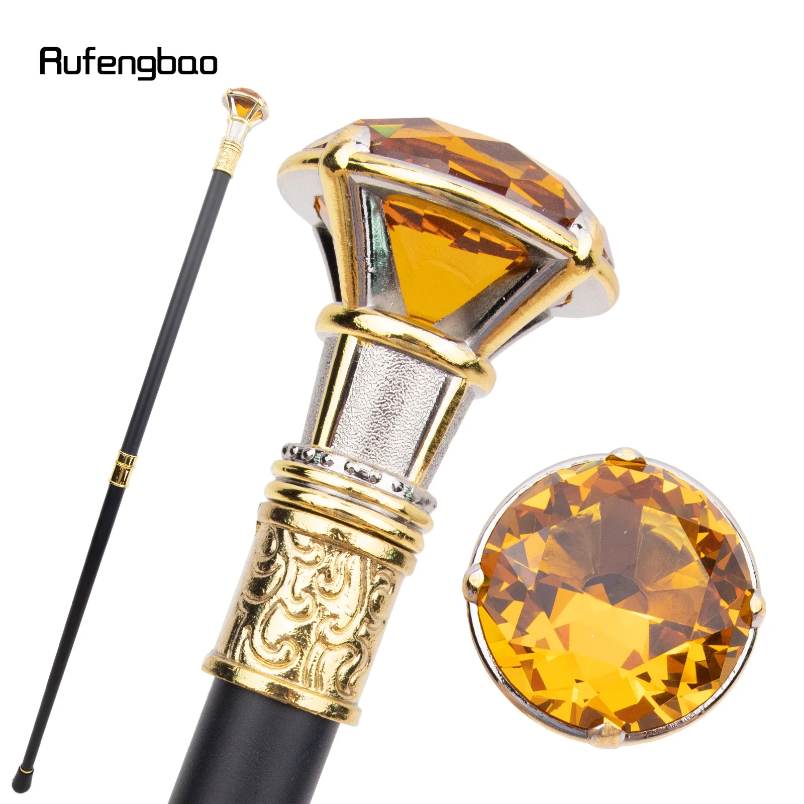 Orange Diamond Type Golden White Walking Cane Fashion Decorative Walking Stick Gentleman Elegant Cosplay Cane Knob Crosier 90cm