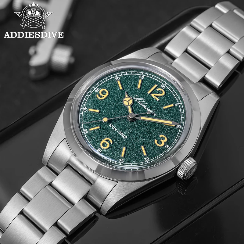 ADDIESDIVE Top Brand Men Quartz Watches Stainless Steel BGW9 Luminous 100M Waterproof Bubble Mirror Glass 36mm VH31 Simple Watch