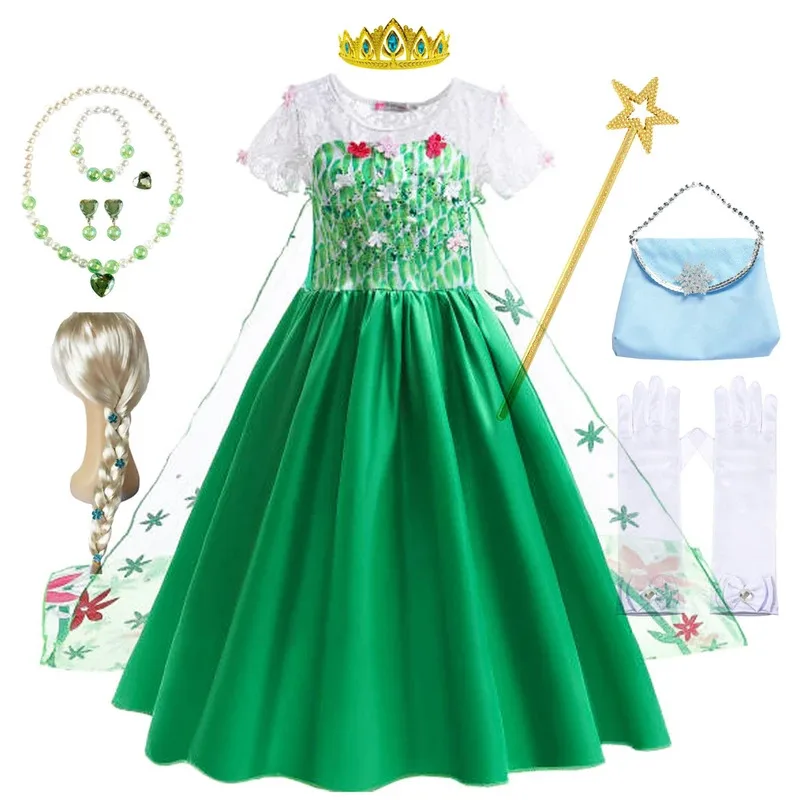

Elsa Cosplay Kids Clothes Princess Dress for Baby Girls Green Dress Floral Elsa Costume