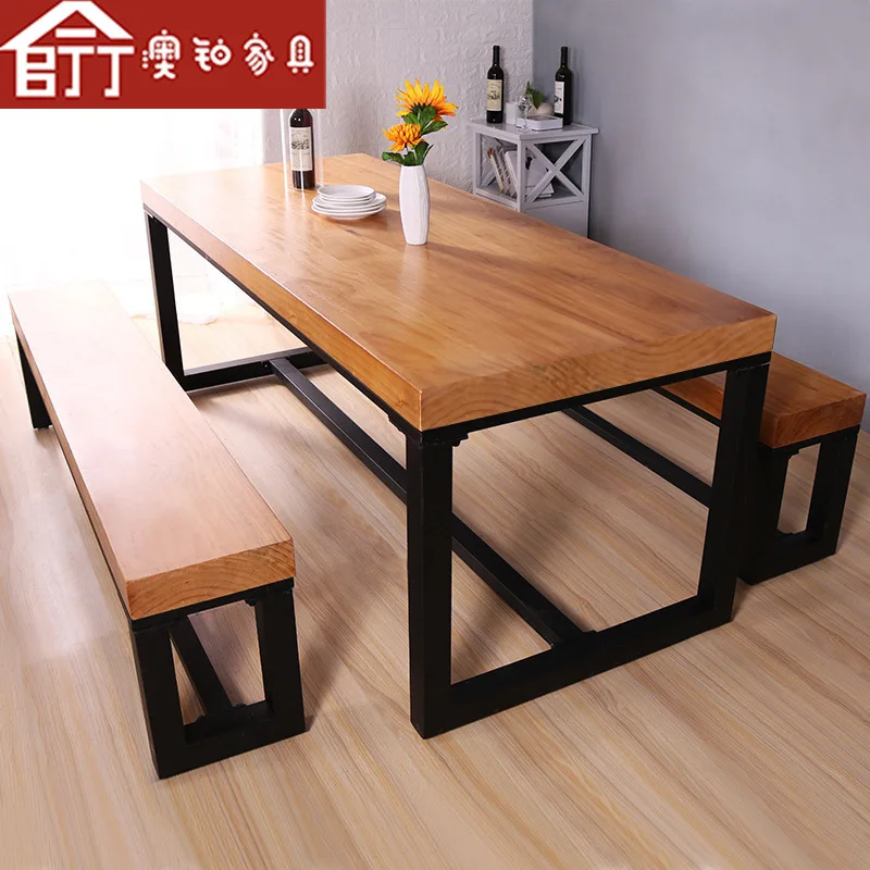 American-Style Solid Wood Dining Table Commercial Canteen Dining Table Barbecue Shop Rectangular Dining Table and Chair