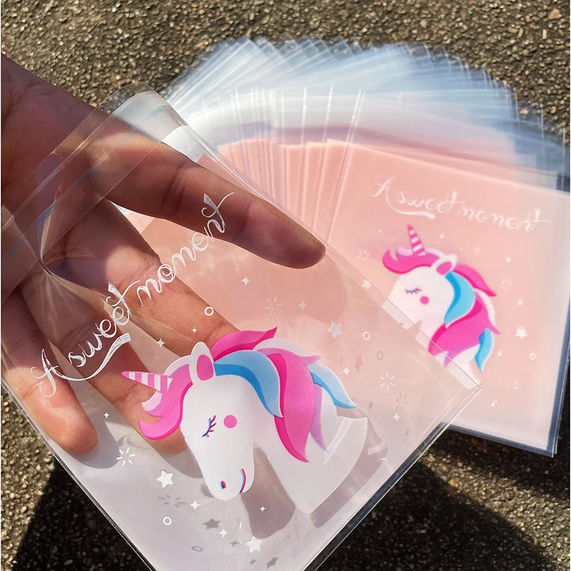 100Pcs Pink Unicorn Series Plastic Self-Adhesive Bags Cookies Candy Packaging Bags Wedding Birthday Parties Baby Shower Gifts