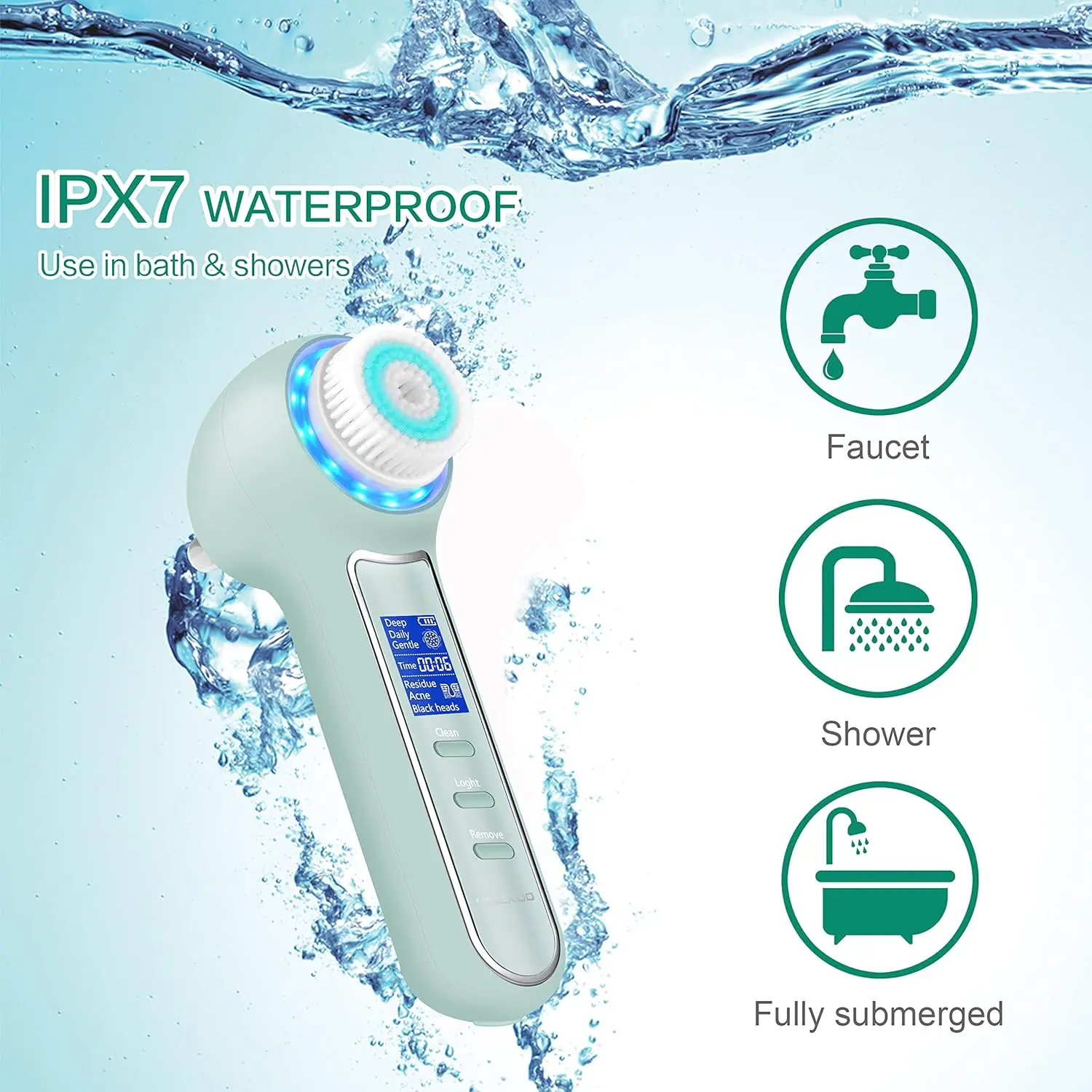 Waterproof Facial Cleansing Brush with LCD Screen, Blackhead Remover Vacuum, 5 Brush Heads for Exfoliating in Green