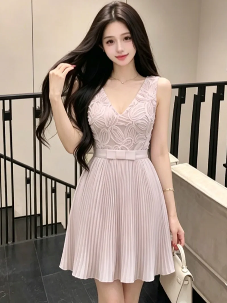 

Elegant Birthday Party Dress Women's Gown with Embroidery Waist Cinching Knot Pleated Skirt High Waist Short S...