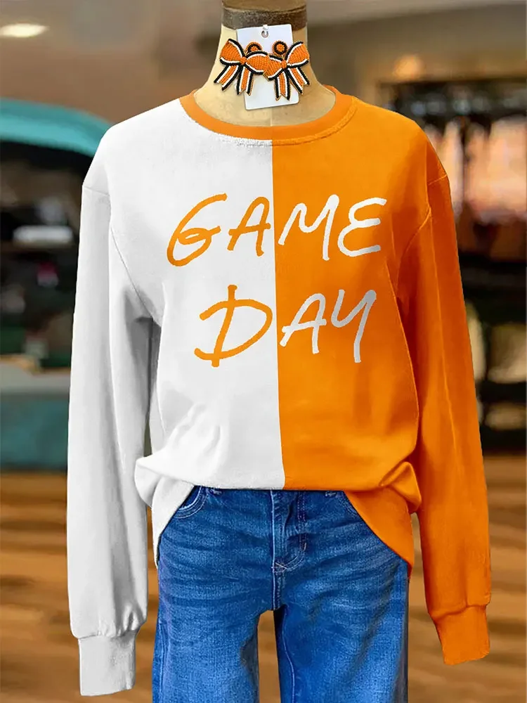 Casual Contrast Color Gameday Letter Top Woman Casual Long Sleeve  Pullover