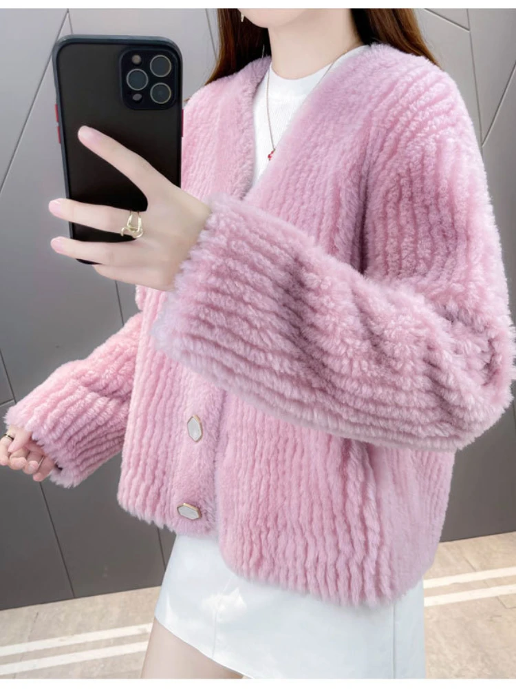 

Casual Button Winter Jacket Women Real Fur Coat Natural Knitted Wool Fur Thick Warm Loose Streetwear Fashion Outerwear