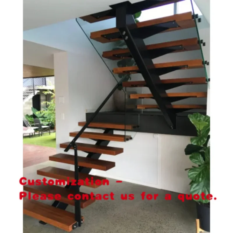 custom.DB  Modern Mono Beam Staircase | Carbon Steel Single Stringer with Solid Wood Treads & Glass Railing Indoor-Outdoor H