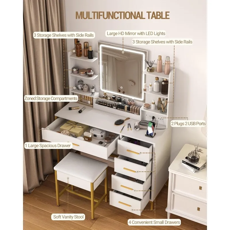 55” Vanity Desk Set with Mirror & Light & Makeup Stool, White Vanity Table with Power Outlet, Drawers, Shelves, 3 Lighting Modes